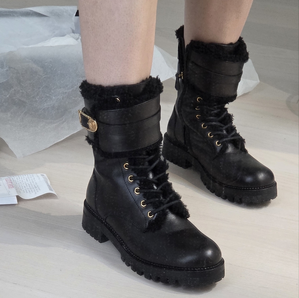 Versace Black Fur-Trimmed Combat Boots